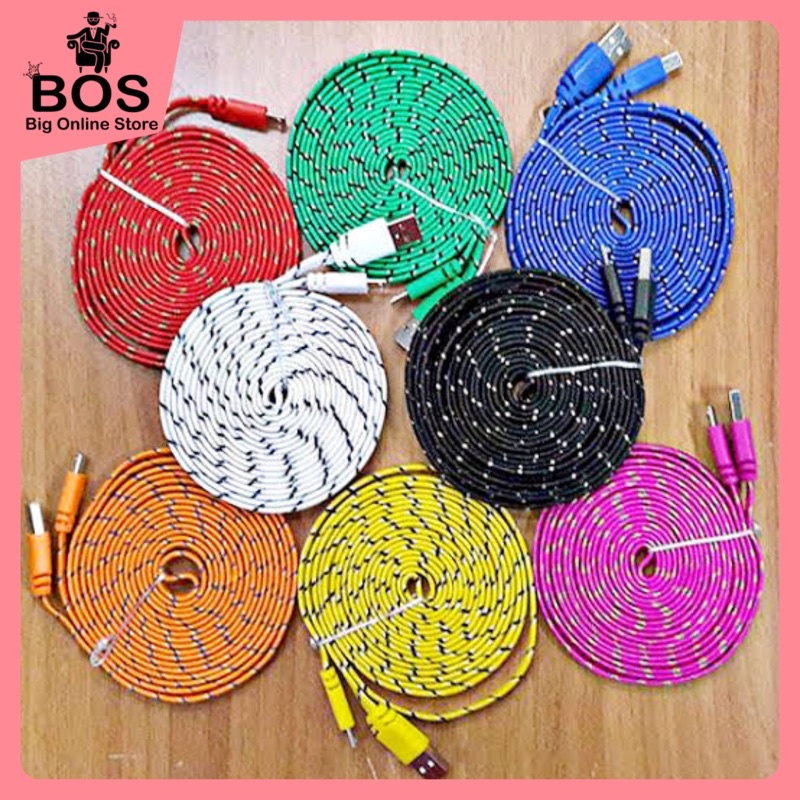 BOS - Kabel Model Tali Sepatu 3 Meter Micro/V8 | Kbl Cable Charger Casan HP Android 3M 3Meter