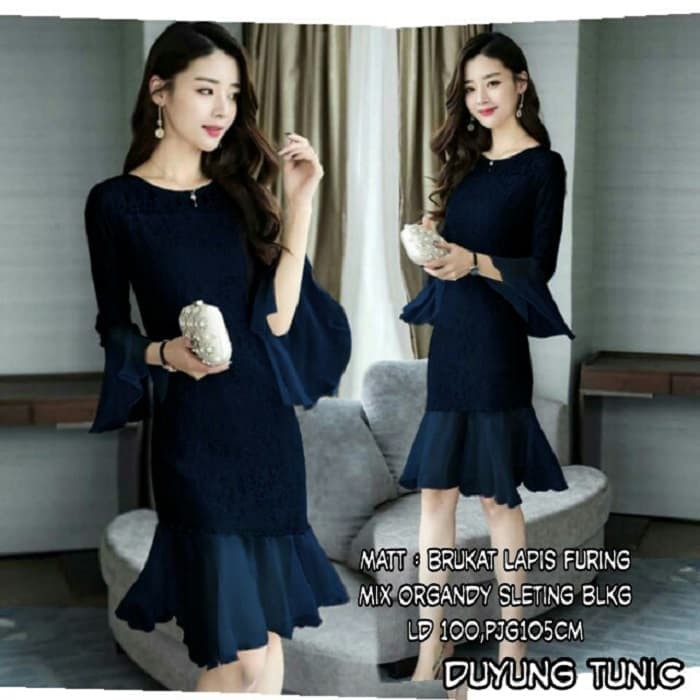 2 Set Dress Lace Mini Korea High Neck Lengan Panjang Motif Bunga Warna Hitam Putih untuk Wanita i.41