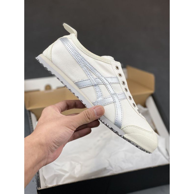 sepatu onitsuka tiger slip on white silver original