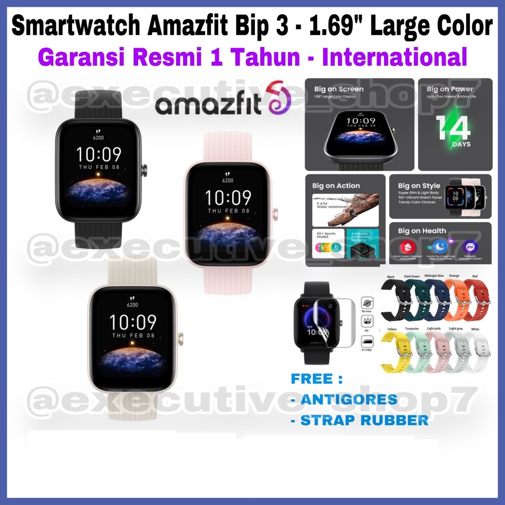 Smartwatch Amazfit Bip 3 - 1.69&quot; Large Color Garansi Resmi 1 Tahun - International