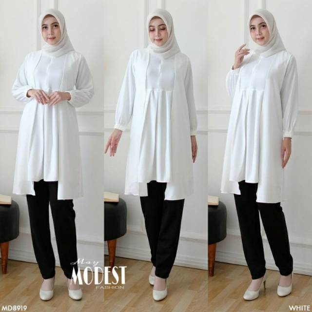 Baju Atasan Muslim Wanita Tunik Layer Putih | Fashion Muslim Wanita | Tunik Murah | Atasan Wanita