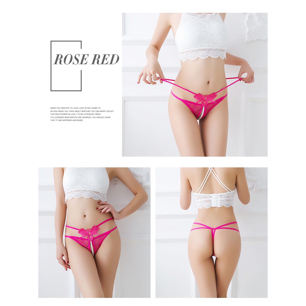 G String Low Waist Celana Dalam mutiara open Thong Bordir Kupu-Kupu C092