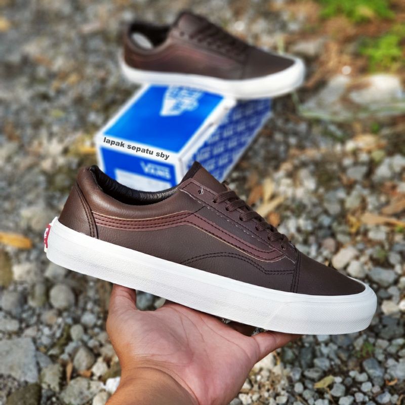 Sepatu Casual Pria Vans Old Skool Leather Kulit PREMIUM BNIB Coklat Tua