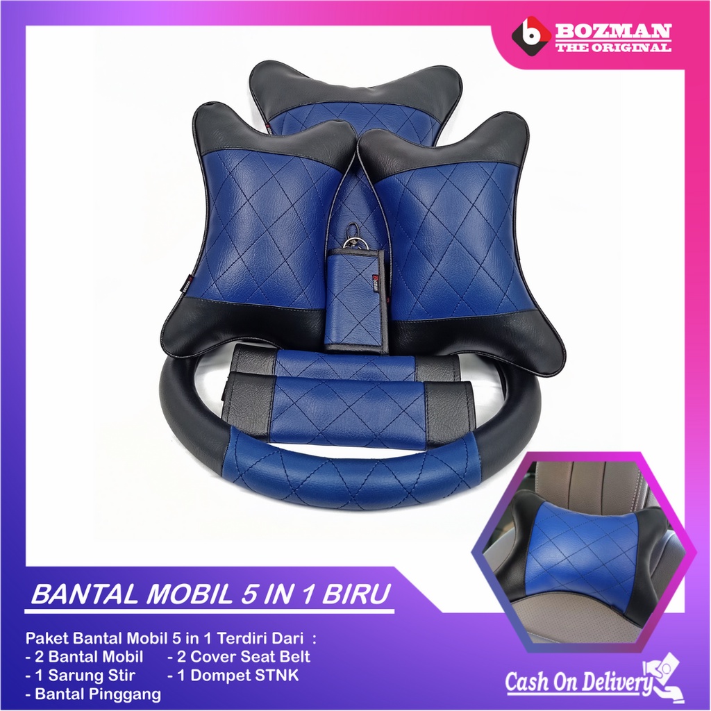 Set Bantal Mobil 5 in 1 Premium Bantal Leher Bantal Pinggang Cover Stir Seatbelt Free Dompet STNK