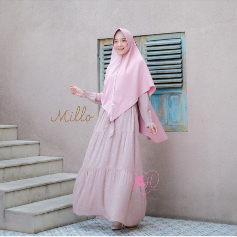 Set gamis khimar polkadot milo, mint original by koleksi hanana