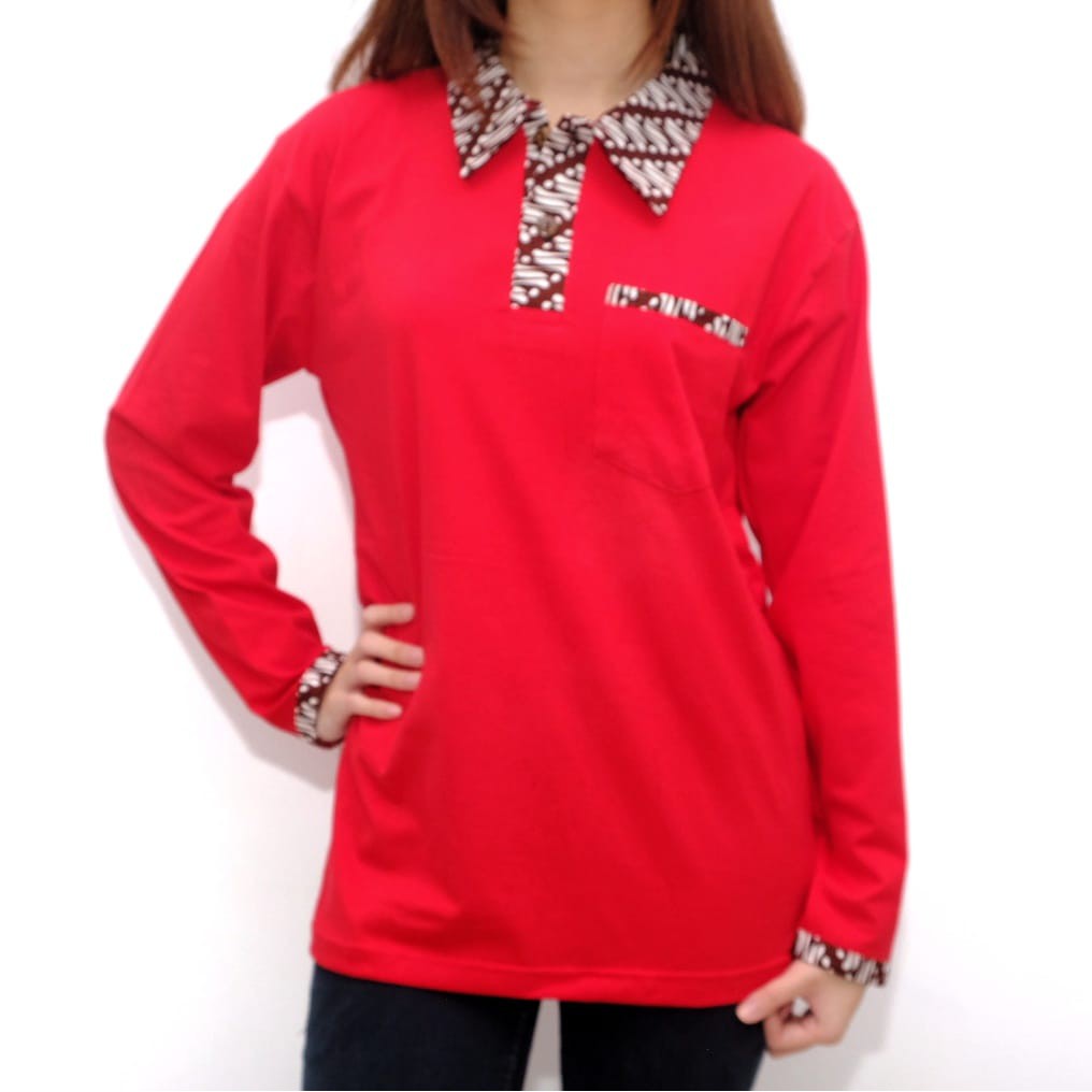 Kaos Krah Polo Batik Wanita Lengan Panjang Warna Merah Premium Jabrik Jogja