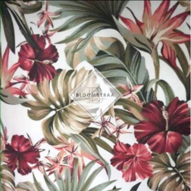 Bahan Kanvas Tropical Red Canvas Fabric Flower Hibiscus monstera kain kanvas bunga