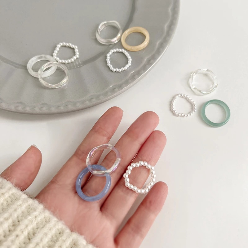 3pcs / Set Cincin Jari Elastis Bahan Akrilik Resin Aksen Mutiara Gaya Korea Untuk Wanita