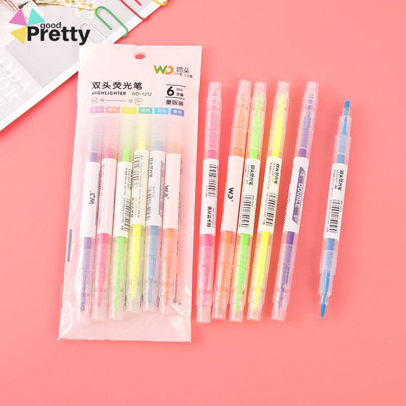 Warna berkepala dua stabilo 6-warna penanda garis kunci spidol grafiti miring kepala pena cat air - PD
