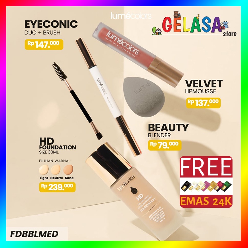 (Free Emas) Lumecolors Paket Hemat Bundling Fondation Beuty blender Lipmouse Eyeconic