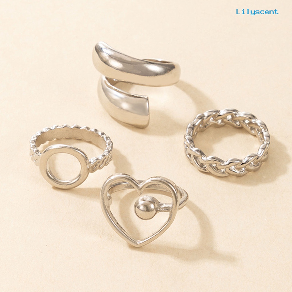 4pcs / Set Cincin Jari Bentuk Hati Geometris Model Terbuka Bahan Alloy Untuk Pesta