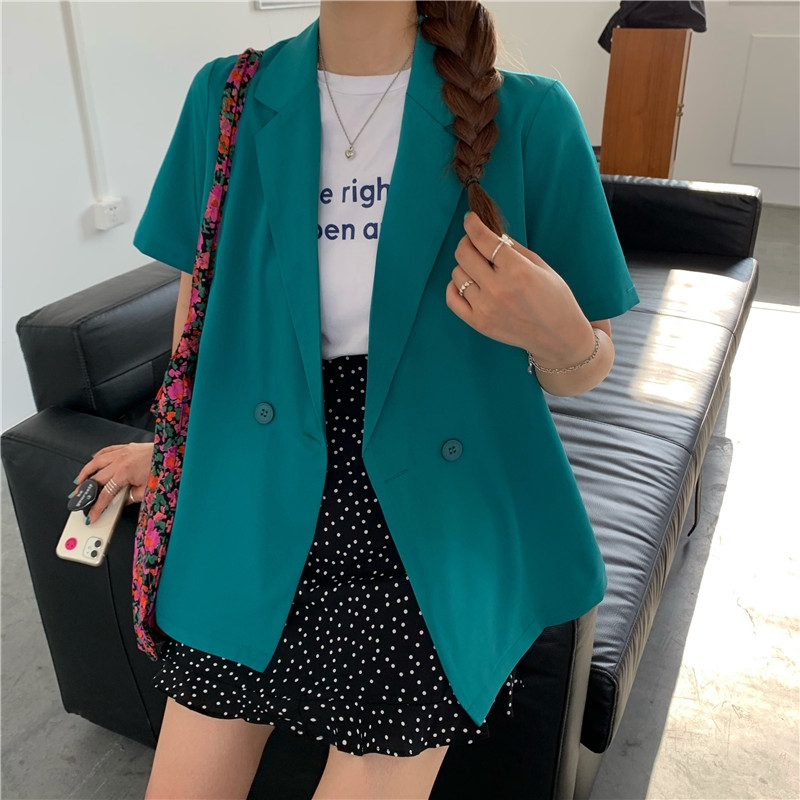 Blazer Wanita Lengan Pendek Model Longgar Versi Korea Warna Polos Kualitas Tinggi