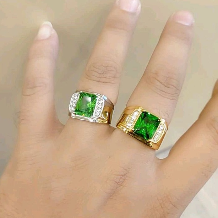 Cincin Titanium asli Batu Hijau aksesoris pria premium