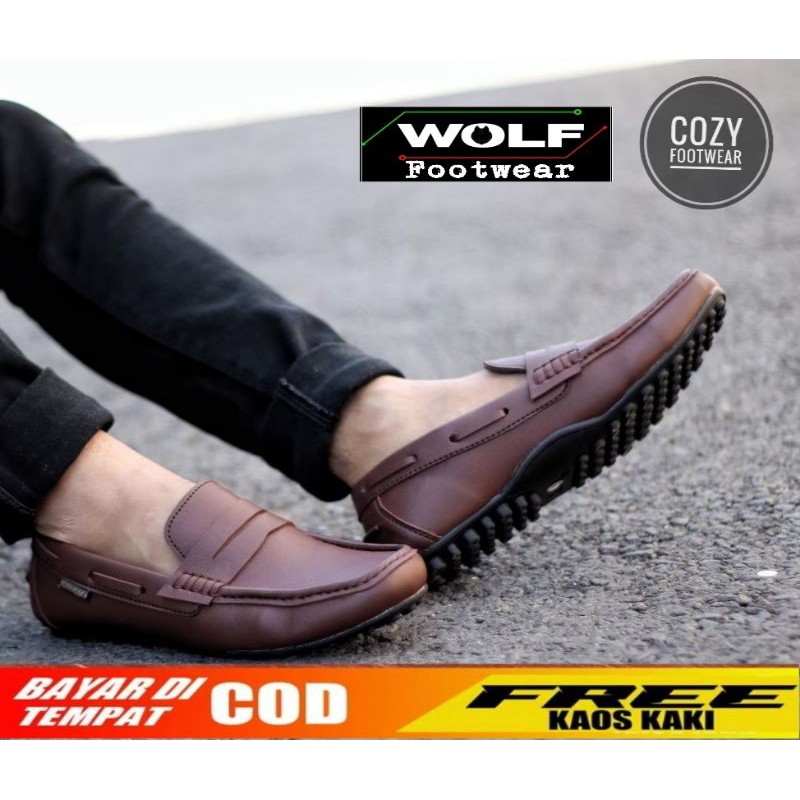 MONZA BLACK |WOLF x COZY| Casual Slip On Sepatu Kasual Pria Cowok Kulit swedia Original