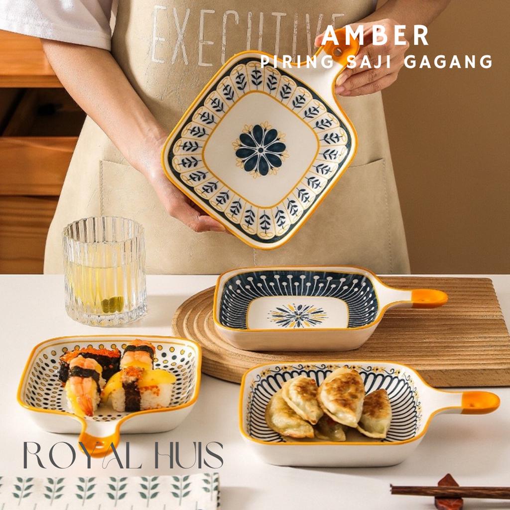 Piring Keramik Gagang Motif BLUE FLOWER SERIES Tahan Panas & Mircrowave Safe / Piring Saji Keramik G