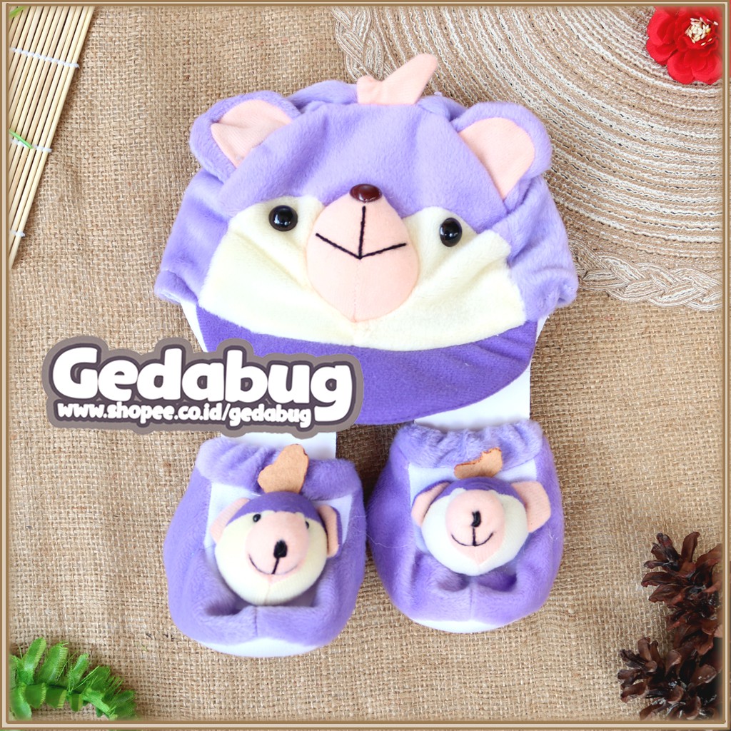 Topi Set Bulu Charakter OKIYO / Topi Bayi Newborn + Kaos Kaki Bulu - gedabug