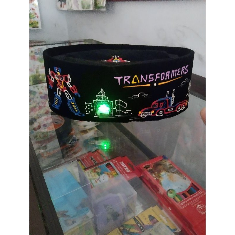 songkok lukis transformers aplikasi LED, peci lukis transformer nyala lampu 3 warna, kopiah anak, NU