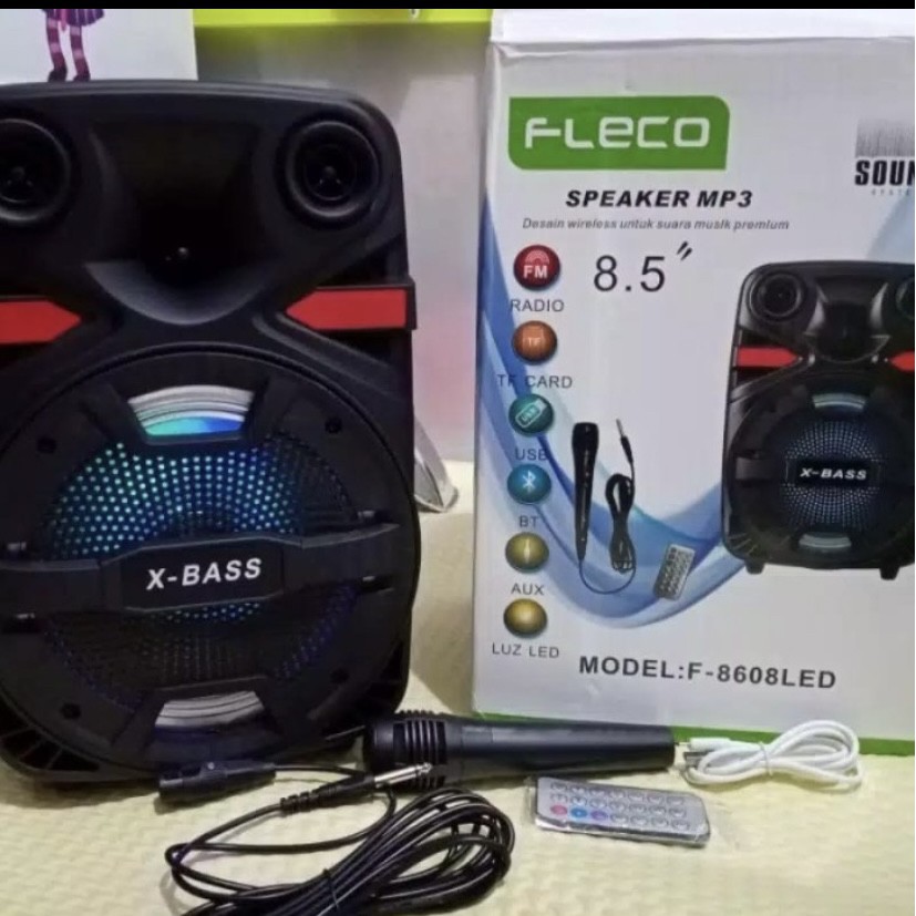 COD Speaker Bluetooth Karoke Fleco 8'5 Inch F 8608 Bonus Mic/Salon Aktif/Speaker X Bass Fleco