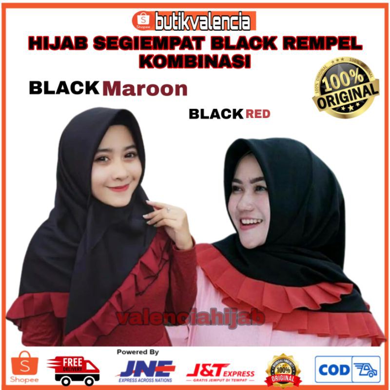 Hijab Jilbab Kerudung Segiempat Rempel Hitam - Merah Valencia