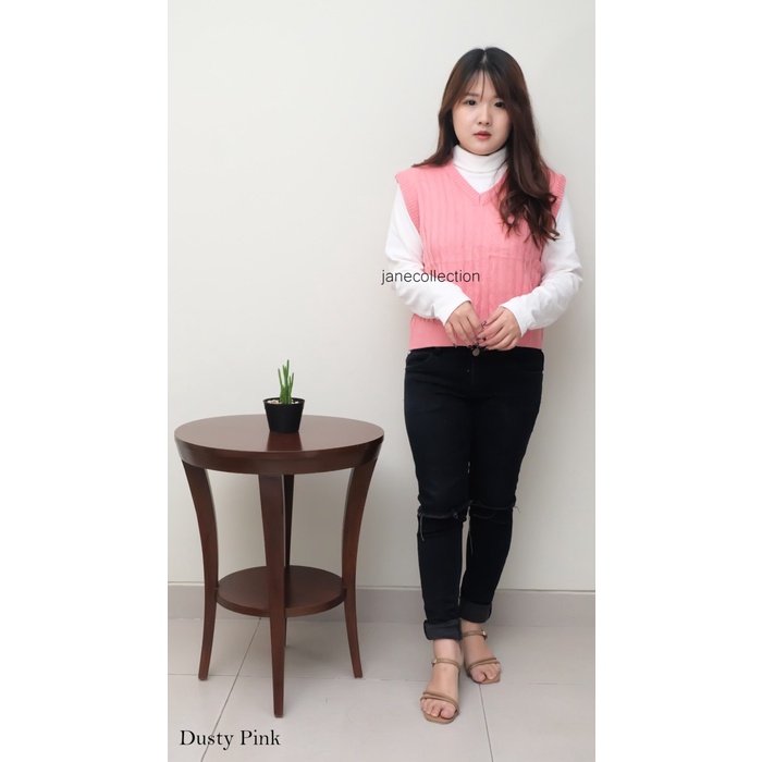 Outerwear Wanita Rompi Cardigan Rajut Halus Cable Knit Vest Dusty Pink