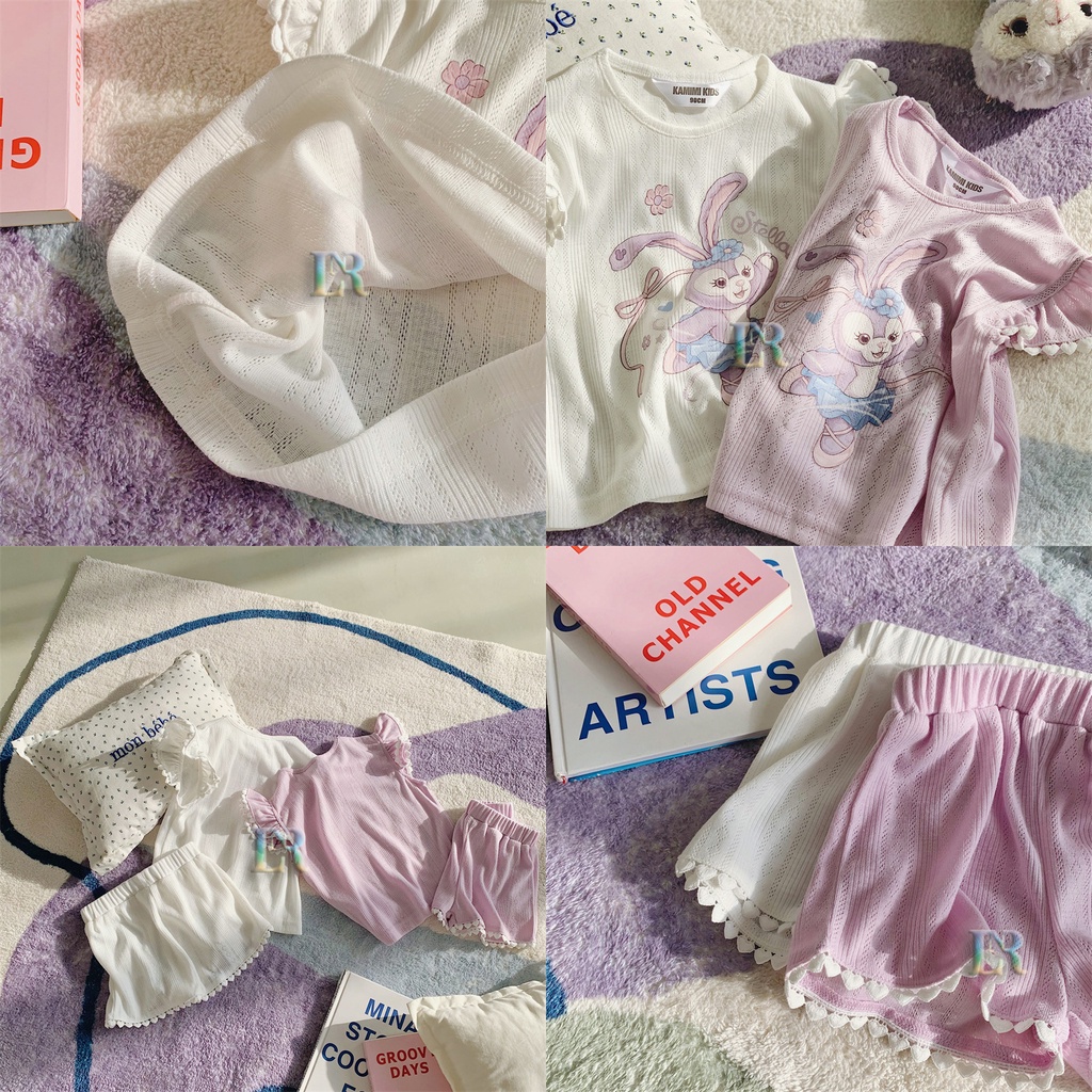 Baju Piyama Anak Perempuan Balita 1-10 Tahun Pakaian Tidur Lengan Pendek Renda Motif Kelinci Rabbit Lucu Bahan Katun Adem Lembut Set Pakaian Rumah