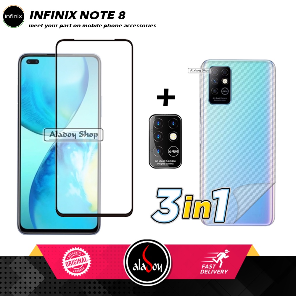 PAKET 3 IN 1 Tempered Glass Layar Infinix Note 8 Free Tempered Glass Camera dan Skin Carbon