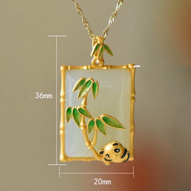 Fancyqube Kalung Liontin Batu Giok Hetian Bentuk Persegi Motif Panda Daun Bambu Gaya Vintage Untuk Wanita