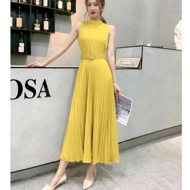 9093 Baju Maxi dress gaun pesta halter plisket tanpa lengan Korean style wanita import Maxi long dre