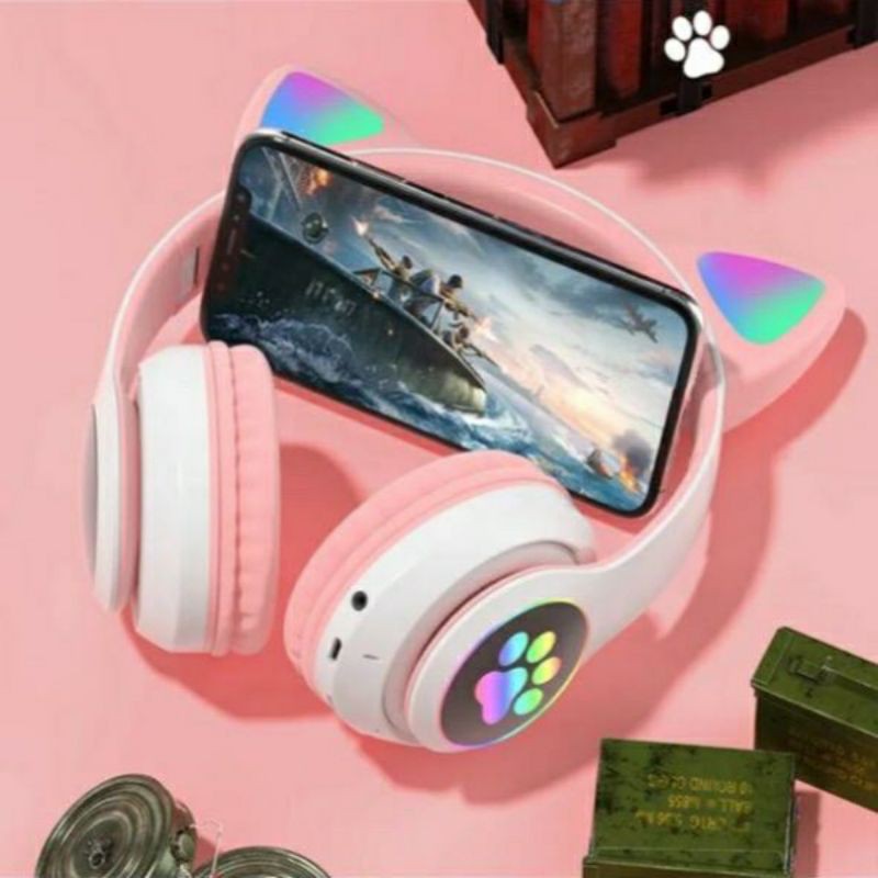 Headphone Bluetooth LED Cat Ear Macaron STN-28  Headset Eaerphone Wireless Bando Kucing LED