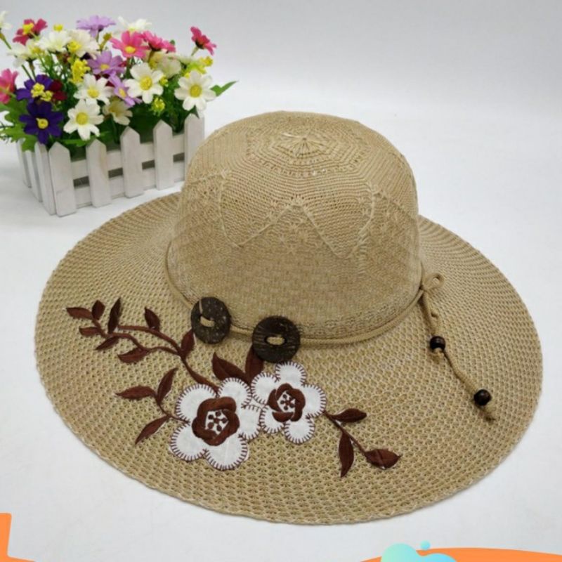 Topi Pantai Rajut Wanita Bunga Lebar FF5