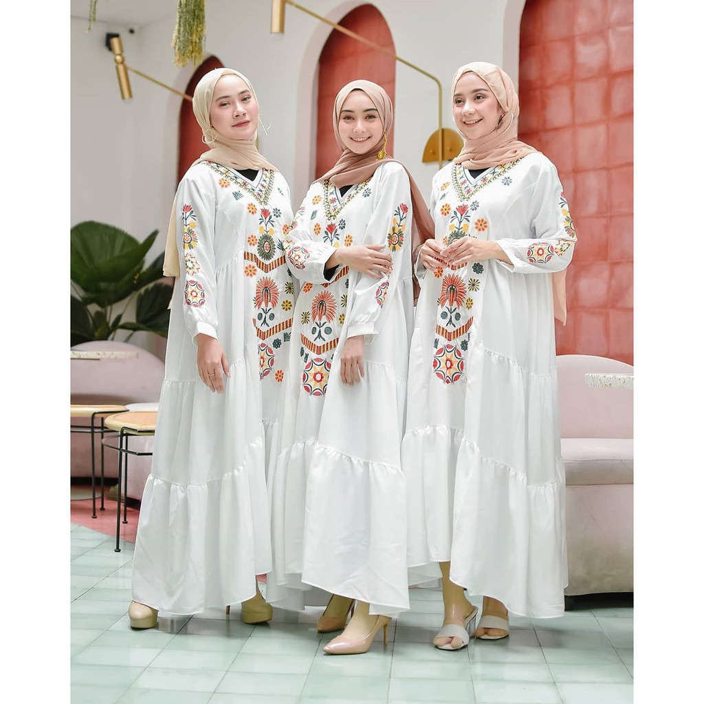 Ramadani Midi Dress Gamis Bordir Warna Putih Kekinian Fashion Muslim Baju Kondangan Dres Cewe Muslimah Busana Murah Modern Bahan Torybuch Bordiran Asli Remaja Dewasa
