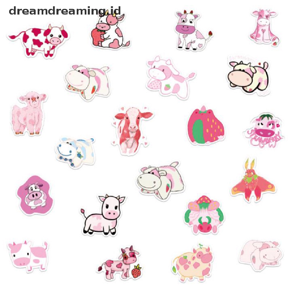 (dreamdreaming.id) 50pcs / Set Stiker Motif Kartun Strawberry / Sapi Untuk Dekorasi Laptop / Skateboard / Koper