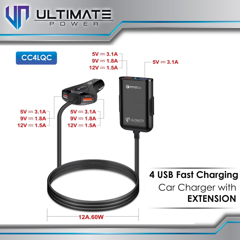 Car Charger Fast Charging Ultimate 4USB Fast Charging Car Charger with Extension