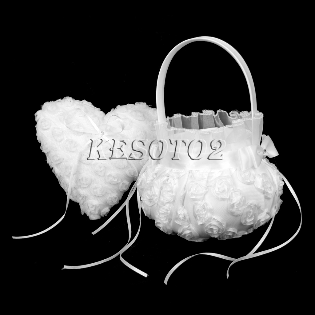 Chic Satin Bow Wedding Flower Girl Basket Heart Ring Bearer Pillow