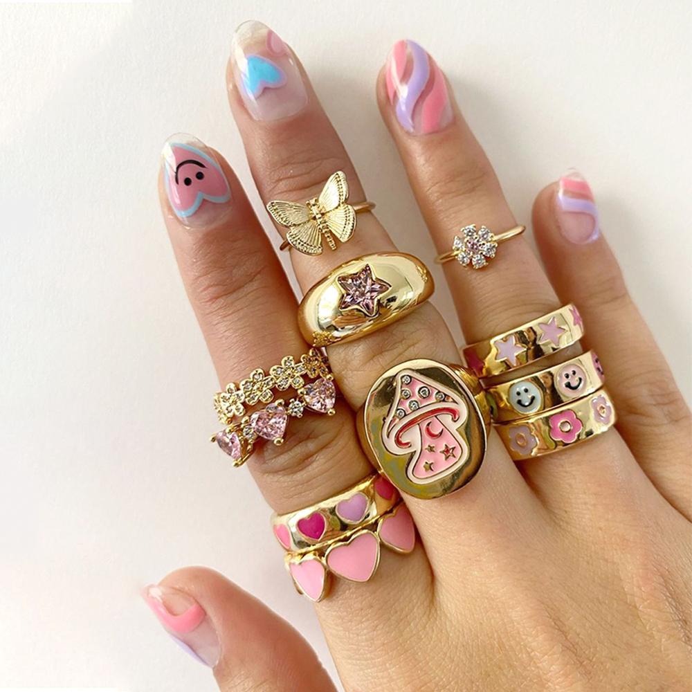 Needway Alien Face Rings Keren Geometris Enamel Gadis Zirkon Kristal Perhiasan Fashion