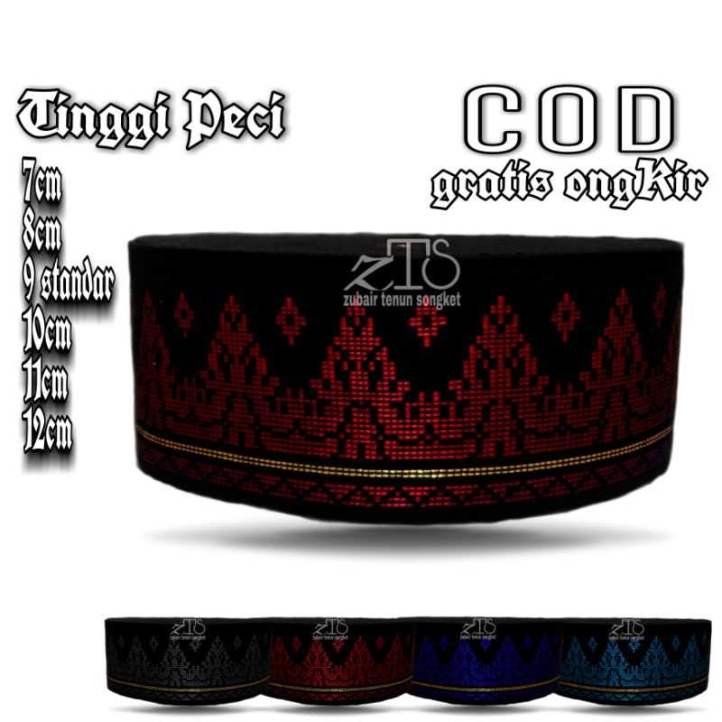 PECI KOPIA MOTIF PUCUK SONGKOK TENUN SONGKET  WARNA HITAM BUNGA MERAH LIS EMAS