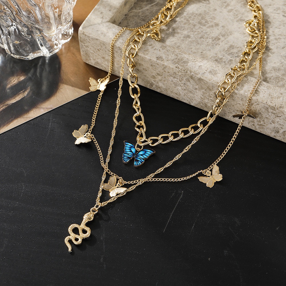 【COD Tangding】3 Pcs / set Kalung Multilayer Panjang Bentuk Ular Butterfly Warna Biru Emas Gaya Retro Eropa Amerika