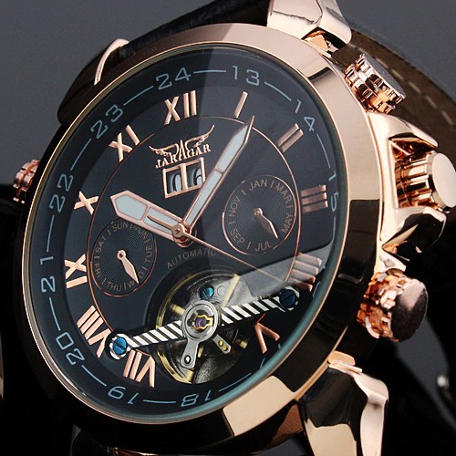 Jam tangan mekanik pria keren Fashion JARAGAR Men's Brand Watches Date Leather Tourbillon Flywheel