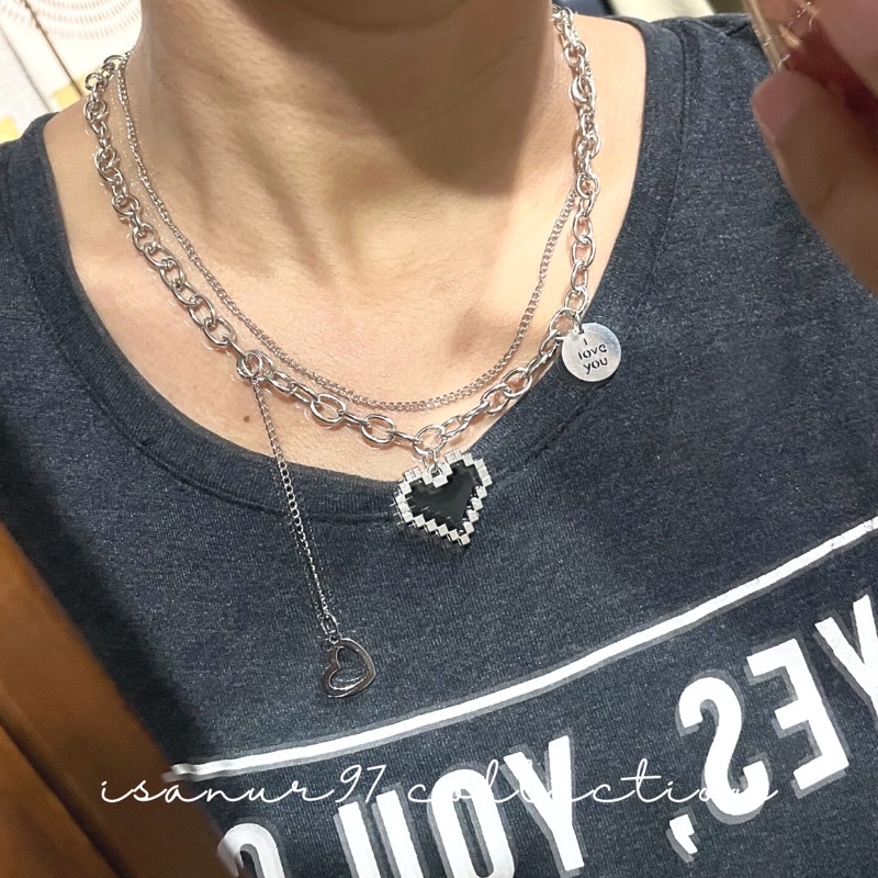 ISANUR97 | Kalung Titanium Love Mosaik Mozaik Kalung Rantai Wanita Pria Korea Liontin Hip Hop Anti Karat Dan Luntur Mewah Multi-layer Retro