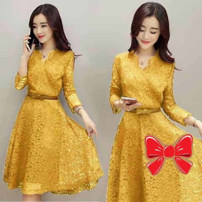 BARU MINI DRESS BRUKAT MUSTARD / GOLD PARTY DRESS TERBARU MasDonaStore