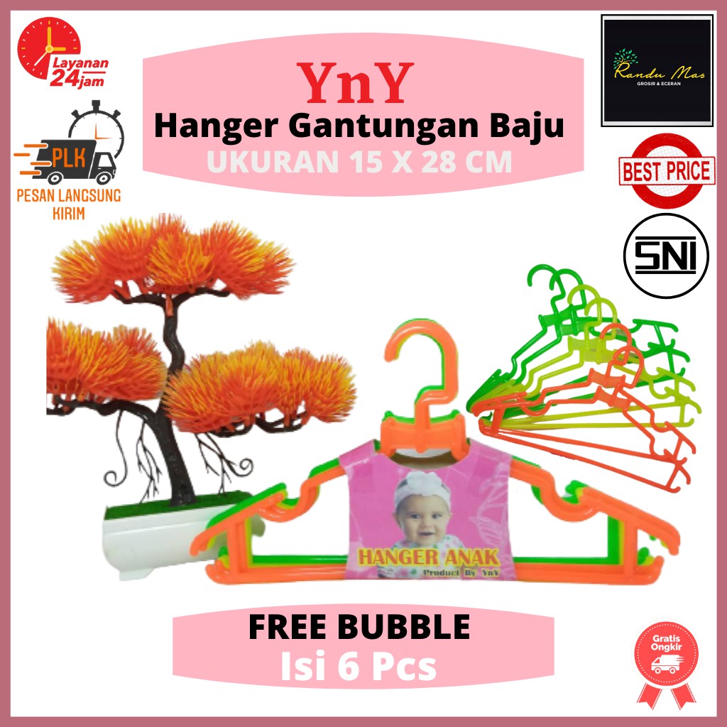 Hanger Baju Bayi / Gantungan Baju Isi 6 Pcs Bahan Plastik Tebal Anti Slip Seamles/Hanger Warna Murah