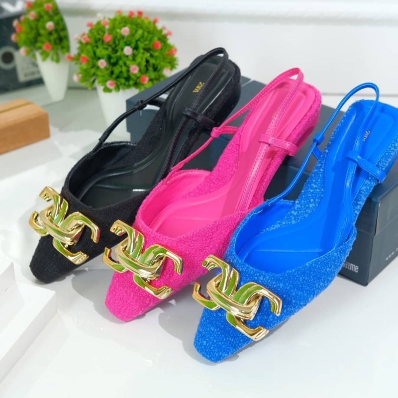 Sepatu Hak Rantai Emas Wanita ZR Tweed Slingback Heels 3cm Gold Chain Accent Premium Import, Hitam B