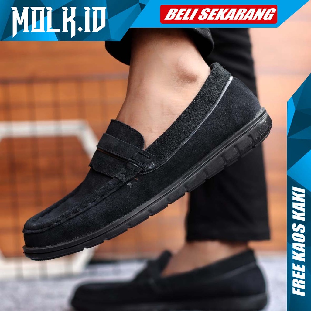 MOLK Sepatu Kasual Pria Slip On Pria Kulit Asli Trendy Kekinian Slop Cowok Terbaru Murah