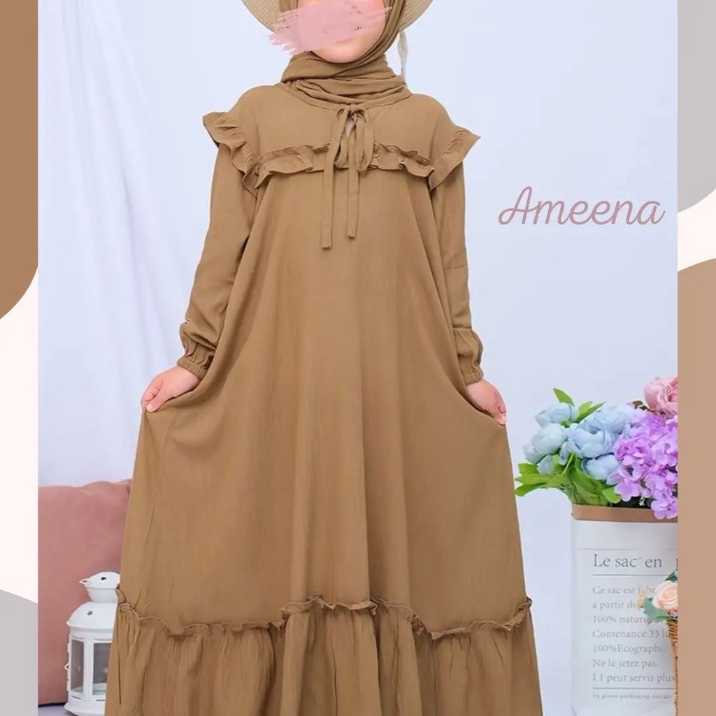 Ameena / Baju Gamis Anak Cewek Plus Pashmina Terbaru Matt Crinkle Airflow / Fashion Muslim Anak Perempuan Murah / GOM