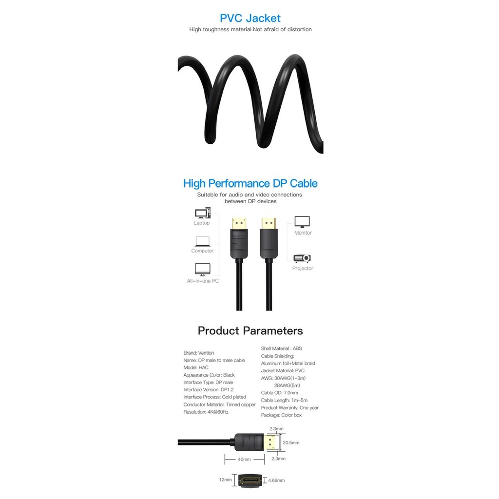 Kabel display port to display port male to male vention 2 meter-HAC