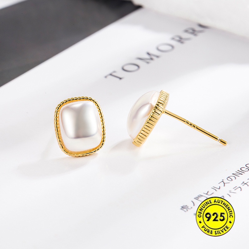Anting Stud Zircon Mutiara Bentuk Persegi Bahan S925 Silver Gaya Retro Perancis Untuk Wanita