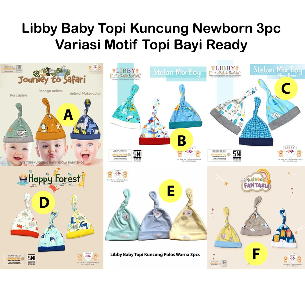 Libby Baby Topi Kuncung Libby Newborn 3pc Variasi Motif Topi Bayi