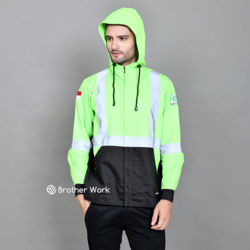 wearpack safety tutup kepala hijau stabilo combi hitam - jaket kerja - baju kerja - wearpack kerja -