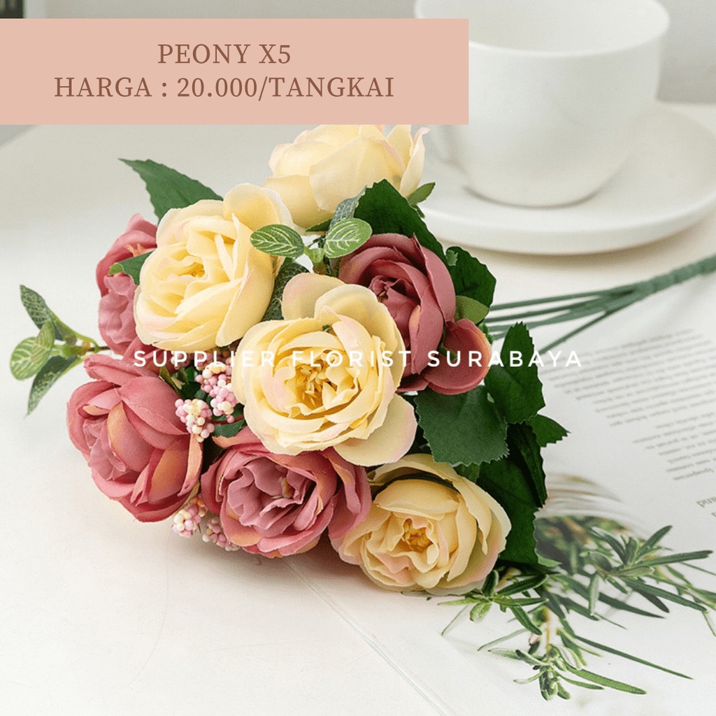 BUNGA PEONY KECIL CABANG 5 @2 KEPALA, TOTAL 10 KEPALA BUNGA ARTIFICIAL FLOWER BUNGA MAINAN BUNGA PALSU