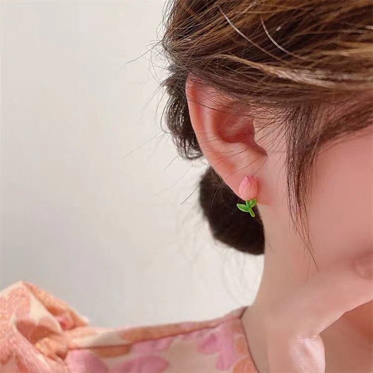 Anting Stud Desain Bunga Tulip Warna Pink Untuk Wanita